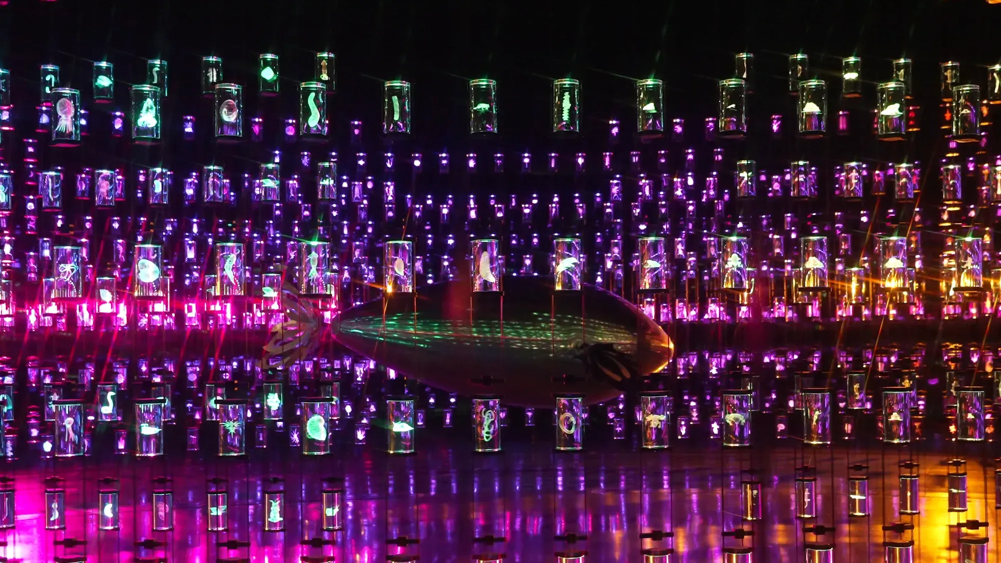 A SkyVoyager gliding along a vast wall of glowing glass jars, reflected in the dark floor